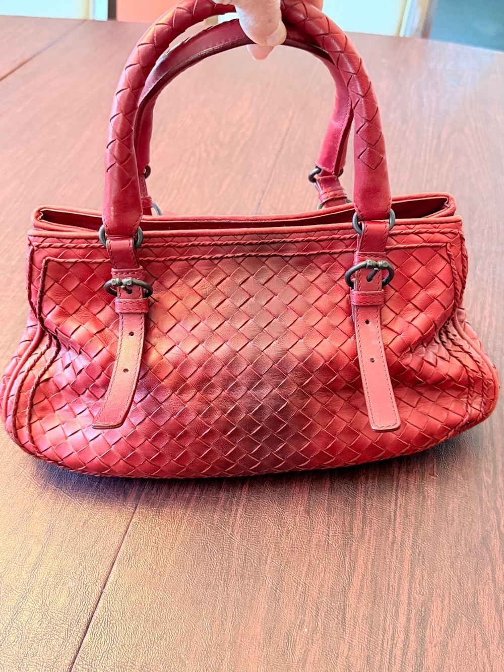 Bottega Veneta Red Gradient Ombré Woven Leather Shoulder Bag
